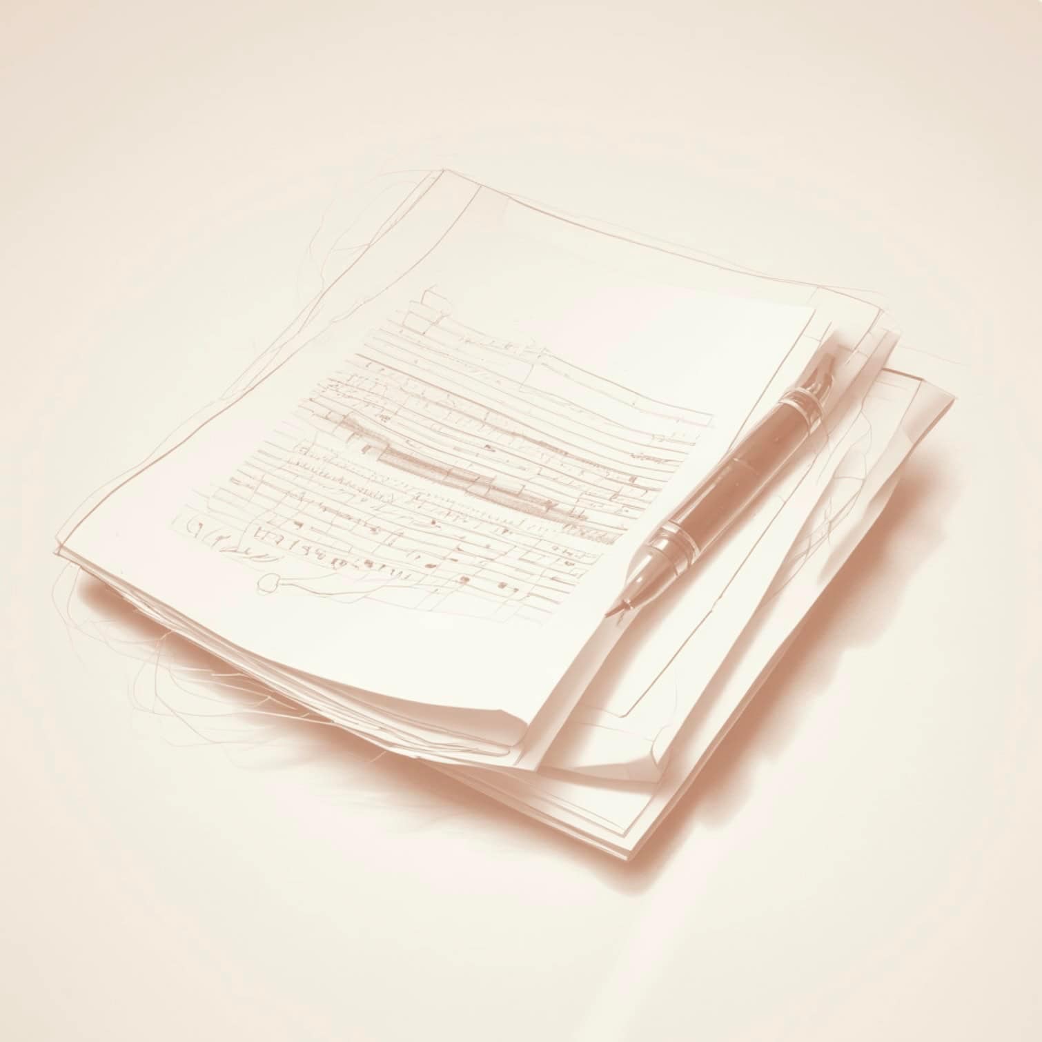 Penna su fogli scritti in bianco e nero, immagine simbolica dello scrivere online e della responsabilità delle parole pubblicate.