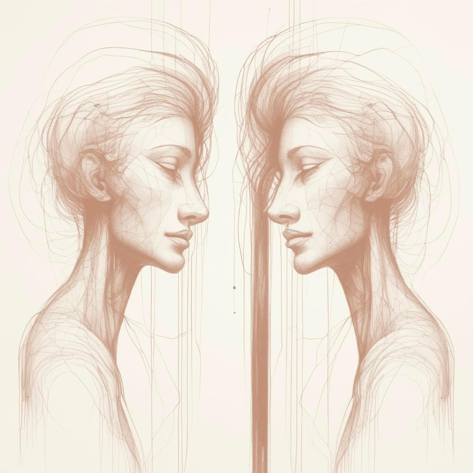 Due volti divisi da una linea sottile, immagine simbolica della stanchezza emotiva e dei confini nell’empatia.
