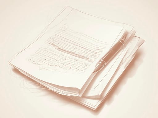 Penna su fogli scritti in bianco e nero, immagine simbolica dello scrivere online e della responsabilità delle parole pubblicate.