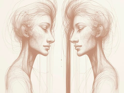 Due volti divisi da una linea sottile, immagine simbolica della stanchezza emotiva e dei confini nell’empatia.